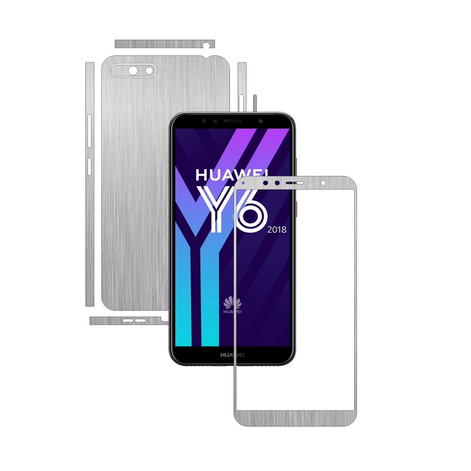Folie Protectie Carbon Skinz pentru Huawei Y6 (2018) - Brushed Argintiu Split Cut, Skin Adeziv Full Body Cover pentru Rama Ecran, Carcasa Spate si Laterale