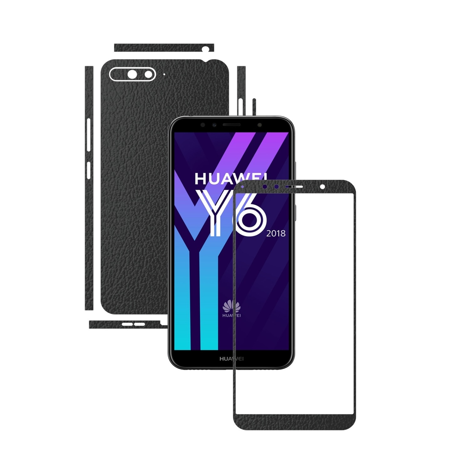 Folie Protectie Carbon Skinz pentru Huawei Y6 (2018) - Piele Neagra Split Cut, Skin Adeziv Full Body Cover pentru Rama Ecran, Carcasa Spate si Laterale