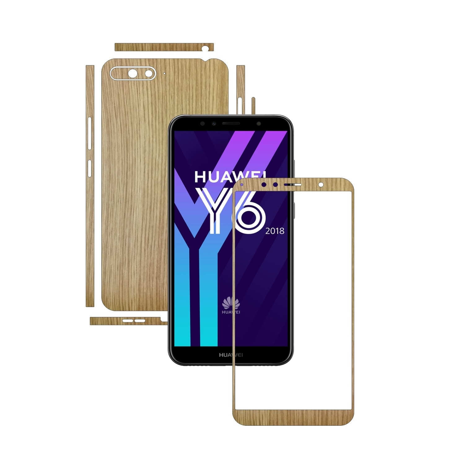 Folie Protectie Carbon Skinz pentru Huawei Y6 (2018) - Lemn Stejar Split Cut, Skin Adeziv Full Body Cover pentru Rama Ecran, Carcasa Spate si Laterale