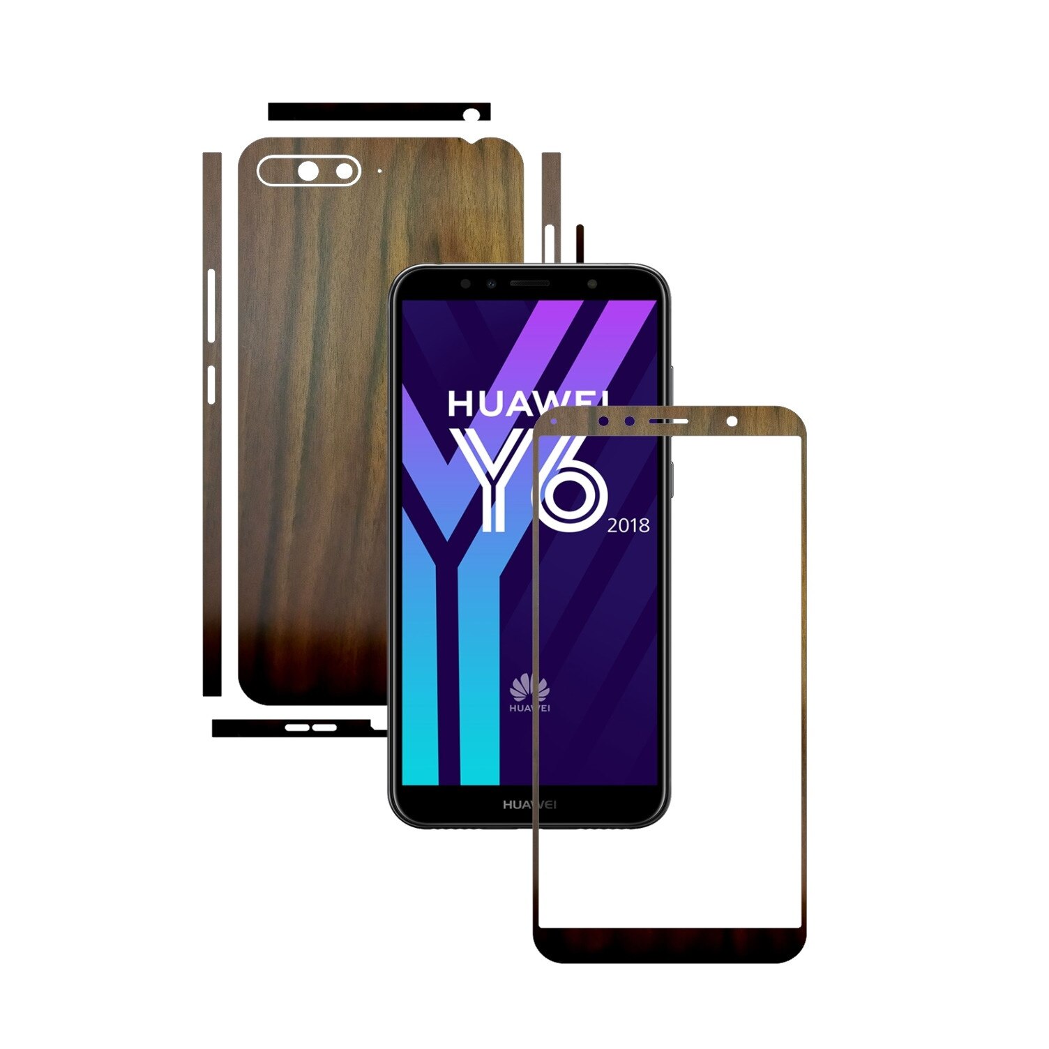 Folie Protectie Carbon Skinz pentru Huawei Y6 (2018) - Lemn Nuc Split Cut, Skin Adeziv Full Body Cover pentru Rama Ecran, Carcasa Spate si Laterale