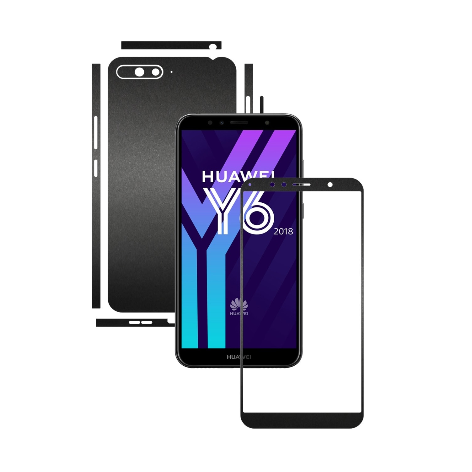 Folie Protectie Carbon Skinz pentru Huawei Y6 (2018) - Negru Mat Split Cut, Skin Adeziv Full Body Cover pentru Rama Ecran, Carcasa Spate si Laterale