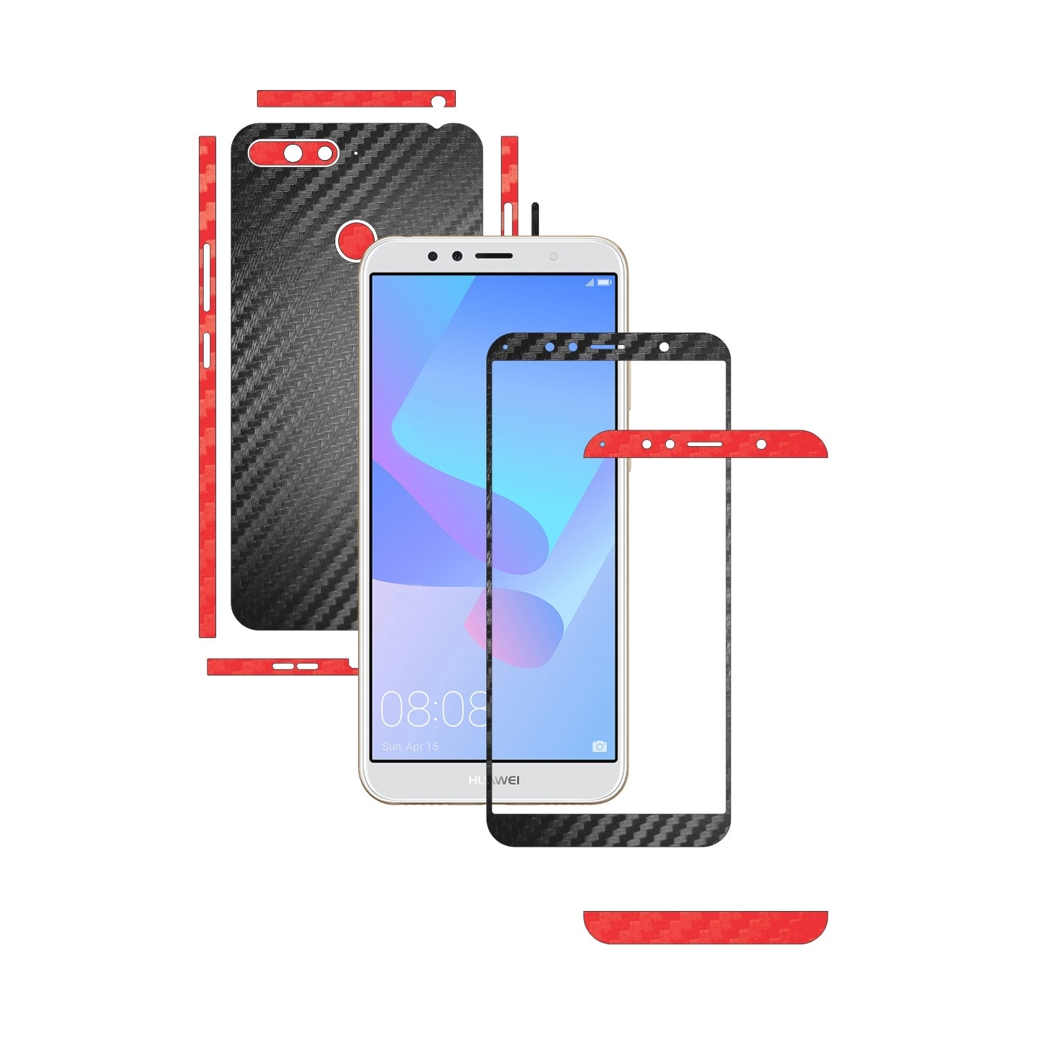 Folie Protectie Carbon Skinz pentru Huawei Y6 Prime (2018) - Carbon Two Tone Negru / Rosu, Skin Adeziv Full Body Cover pentru Rama Ecran, Carcasa Spate si Laterale