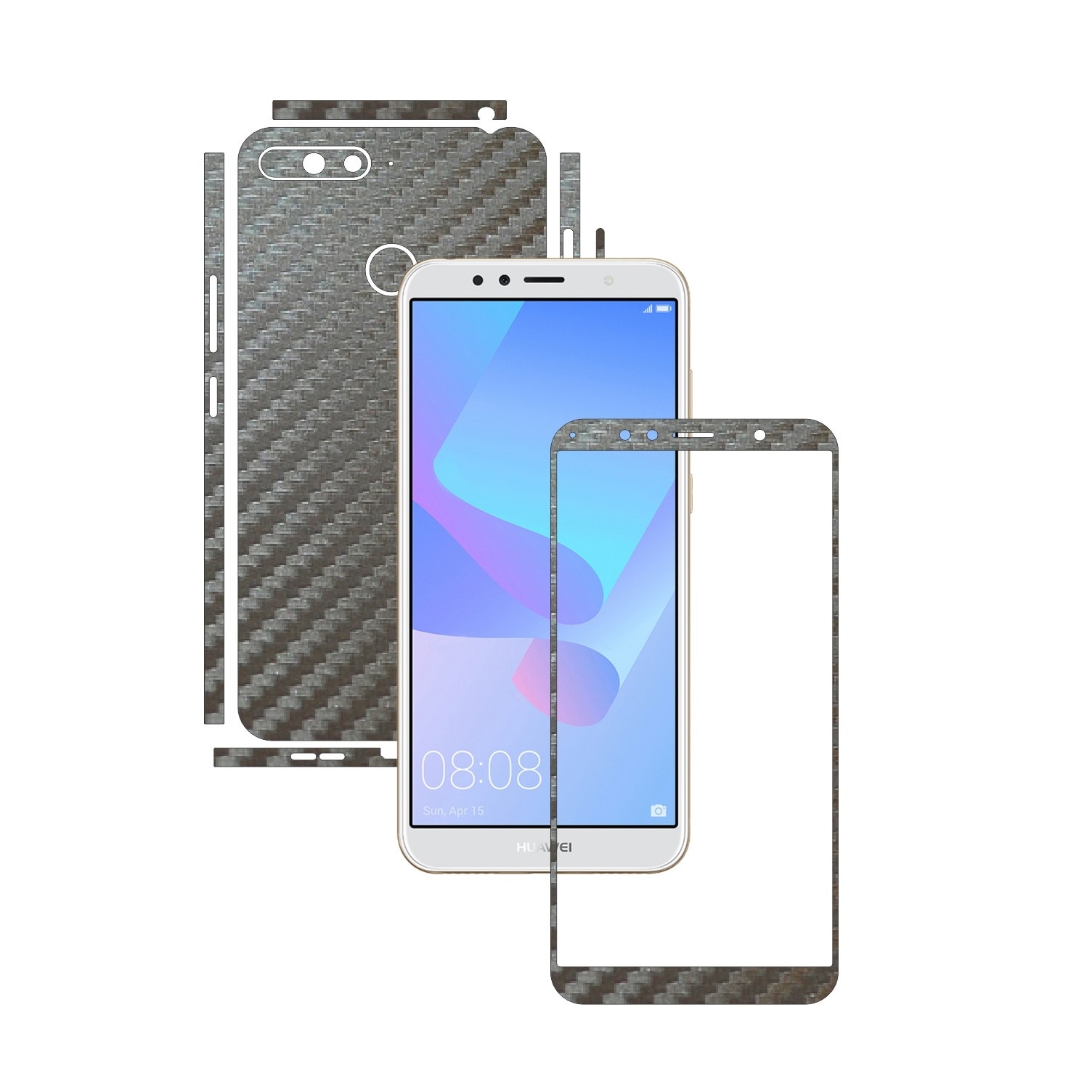 Folie Protectie Carbon Skinz pentru Huawei Y6 Prime (2018) - Carbon Gri Argintiu Split Cut, Skin Adeziv Full Body Cover pentru Rama Ecran, Carcasa Spate si Laterale