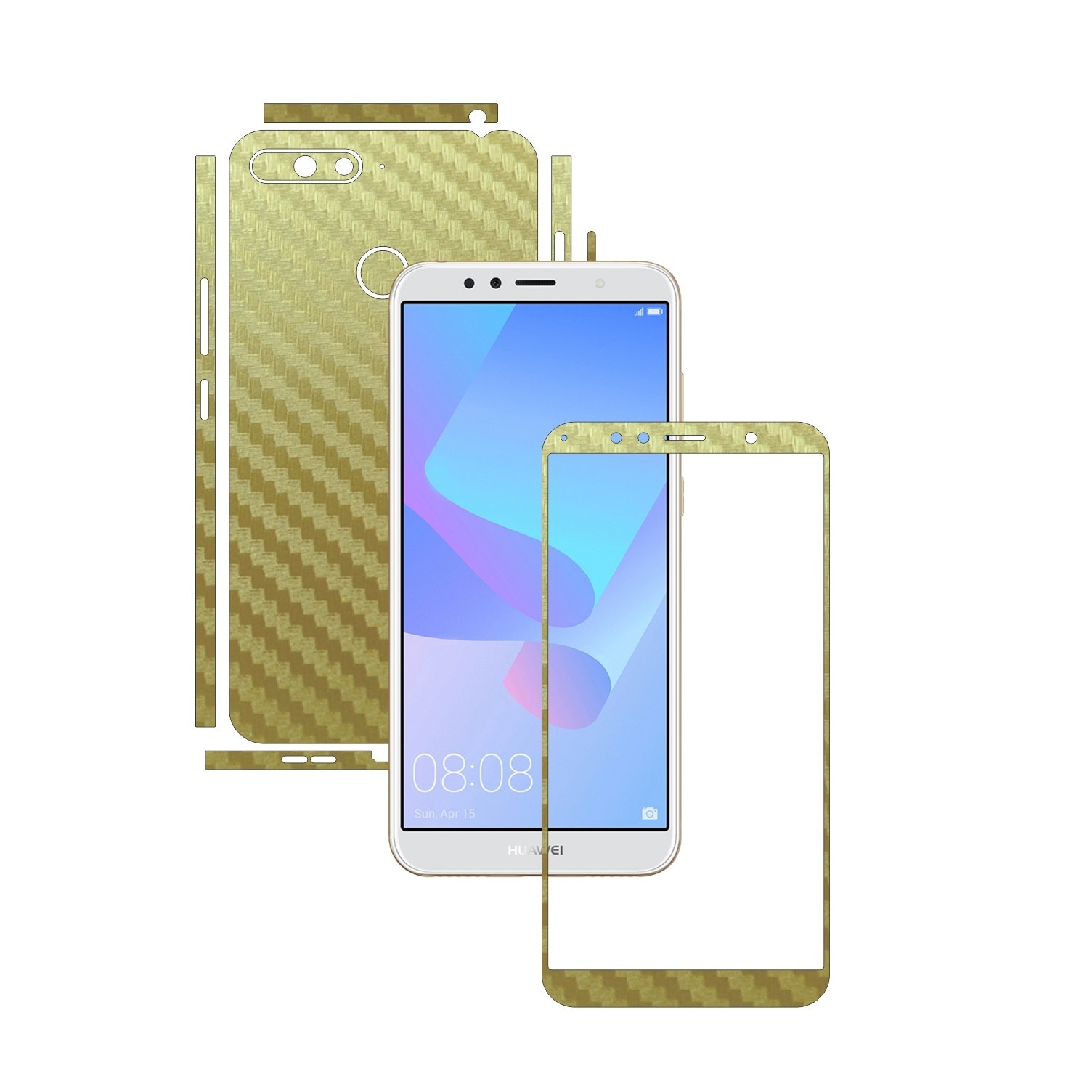 Folie Protectie Carbon Skinz pentru Huawei Y6 Prime (2018) - Carbon Auriu Split Cut, Skin Adeziv Full Body Cover pentru Rama Ecran, Carcasa Spate si Laterale