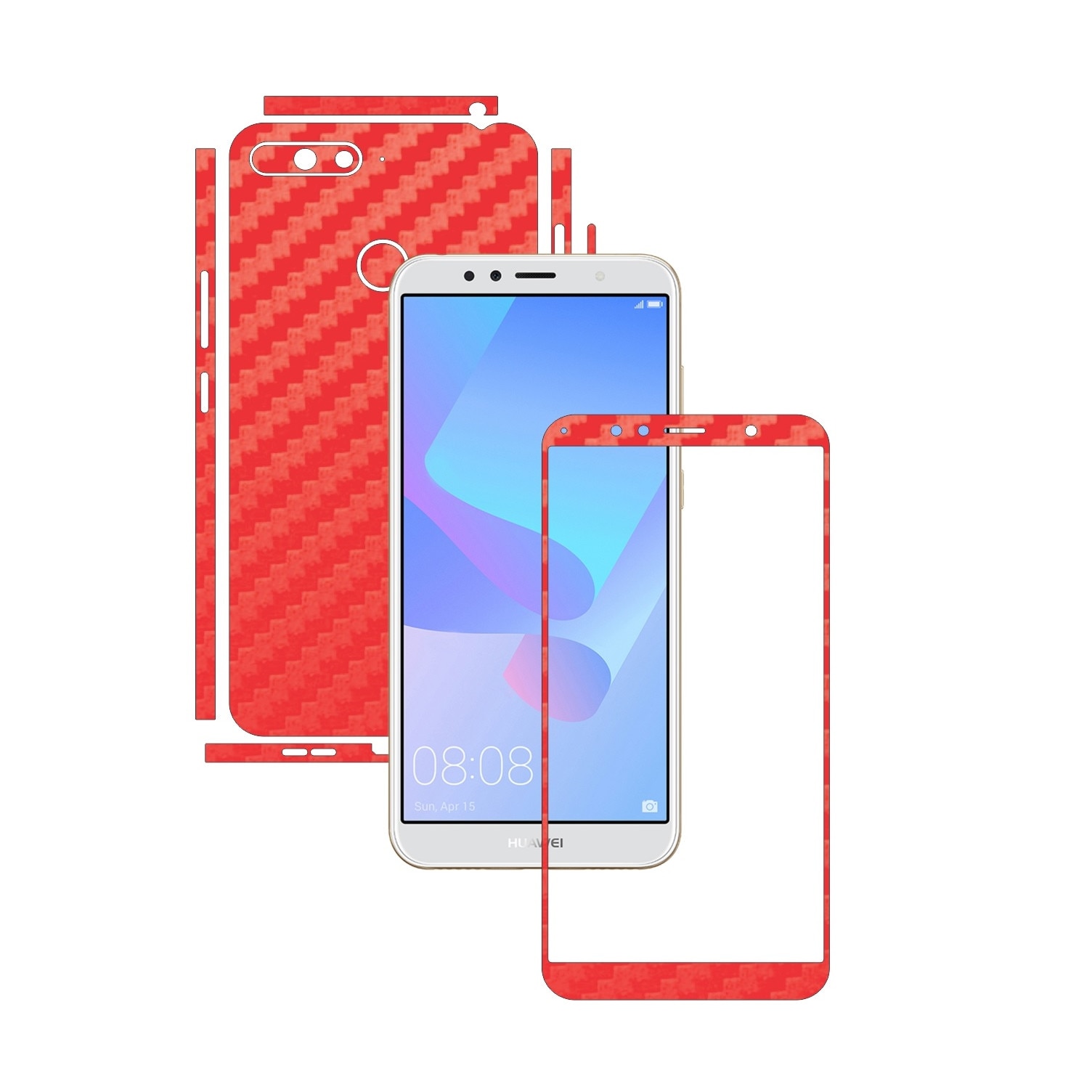 Folie Protectie Carbon Skinz pentru Huawei Y6 Prime (2018) - Carbon Rosu Split Cut, Skin Adeziv Full Body Cover pentru Rama Ecran, Carcasa Spate si Laterale