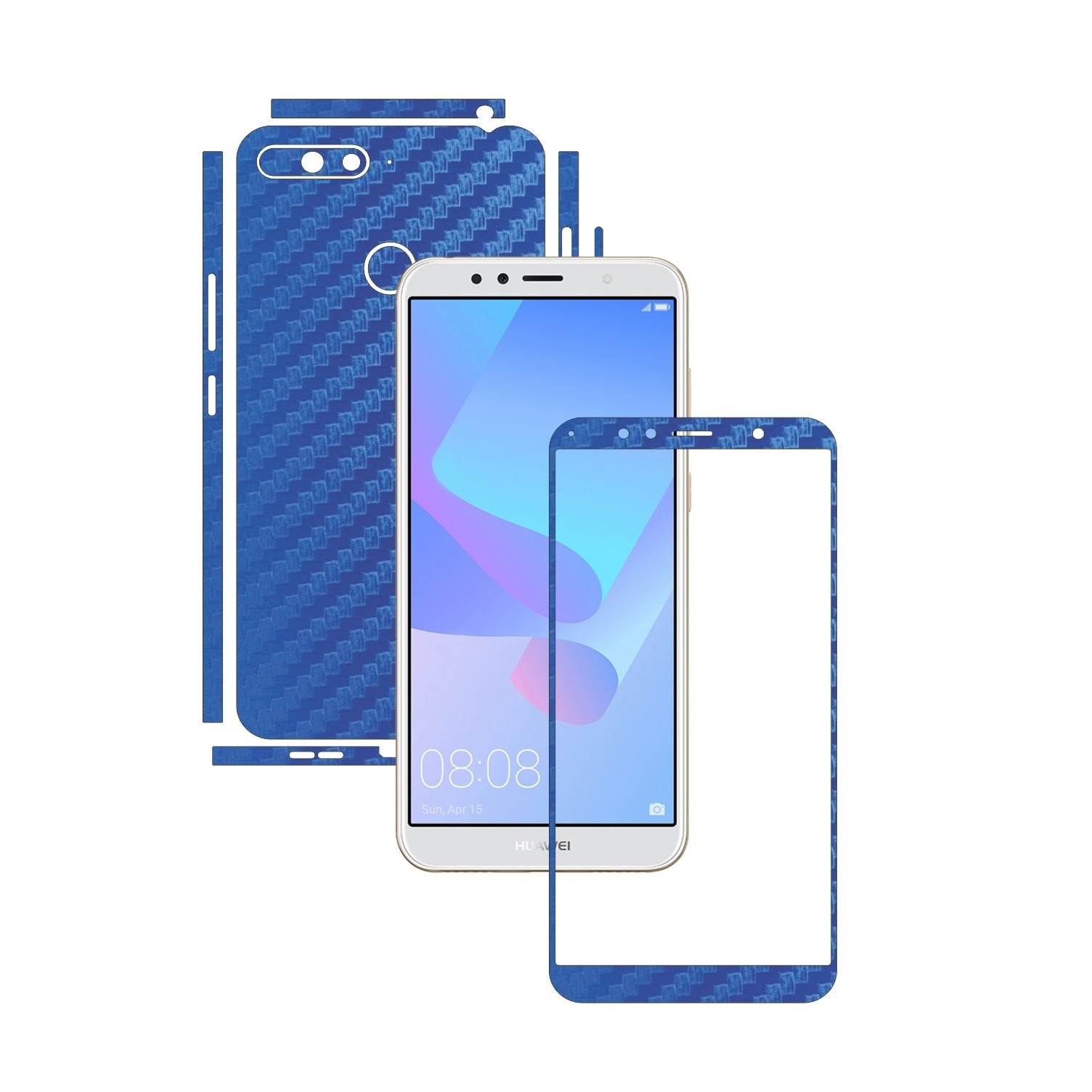 Folie Protectie Carbon Skinz pentru Huawei Y6 Prime (2018) - Carbon Albastru Split Cut, Skin Adeziv Full Body Cover pentru Rama Ecran, Carcasa Spate si Laterale