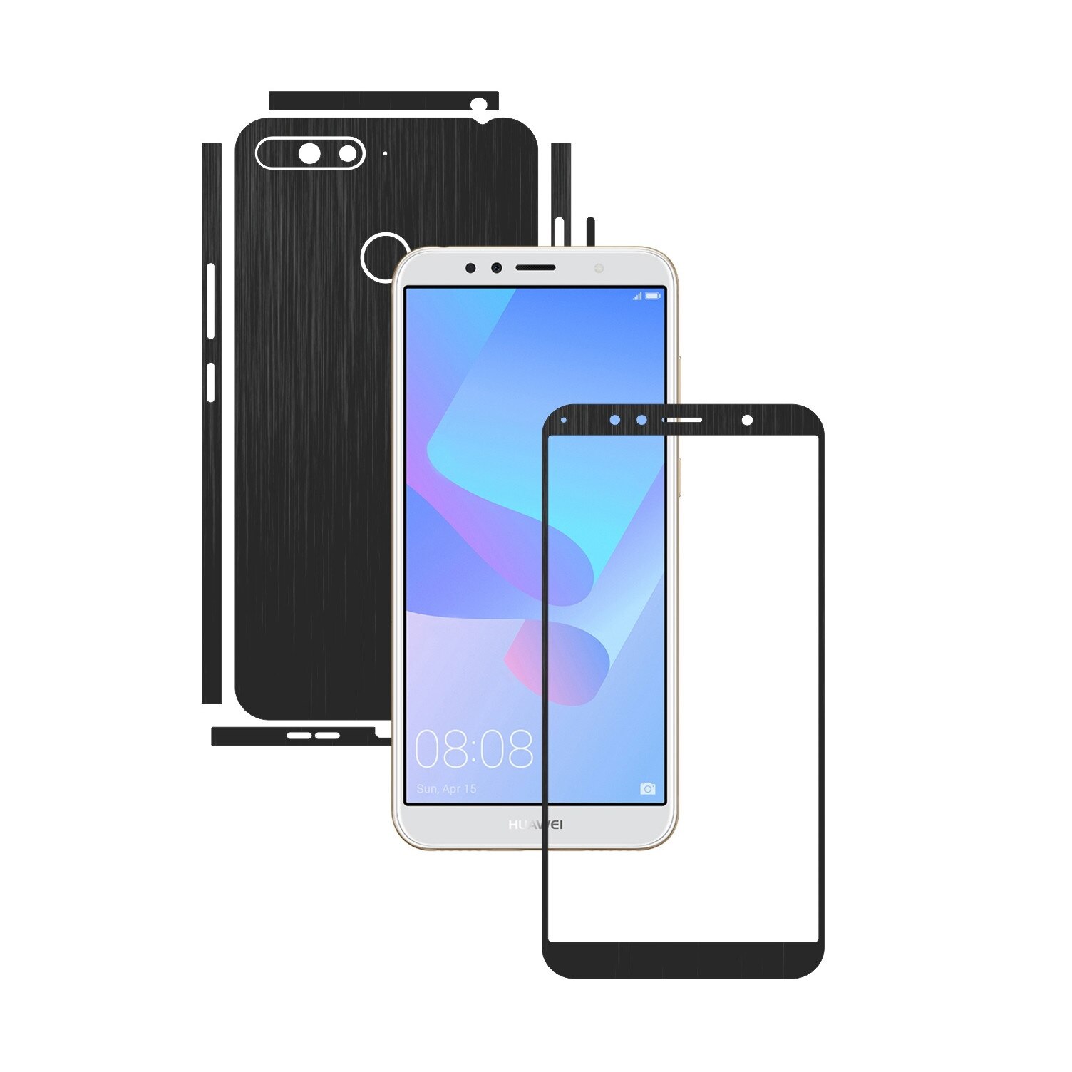 Folie Protectie Carbon Skinz pentru Huawei Y6 Prime (2018) - Brushed Negru Split Cut, Skin Adeziv Full Body Cover pentru Rama Ecran, Carcasa Spate si Laterale