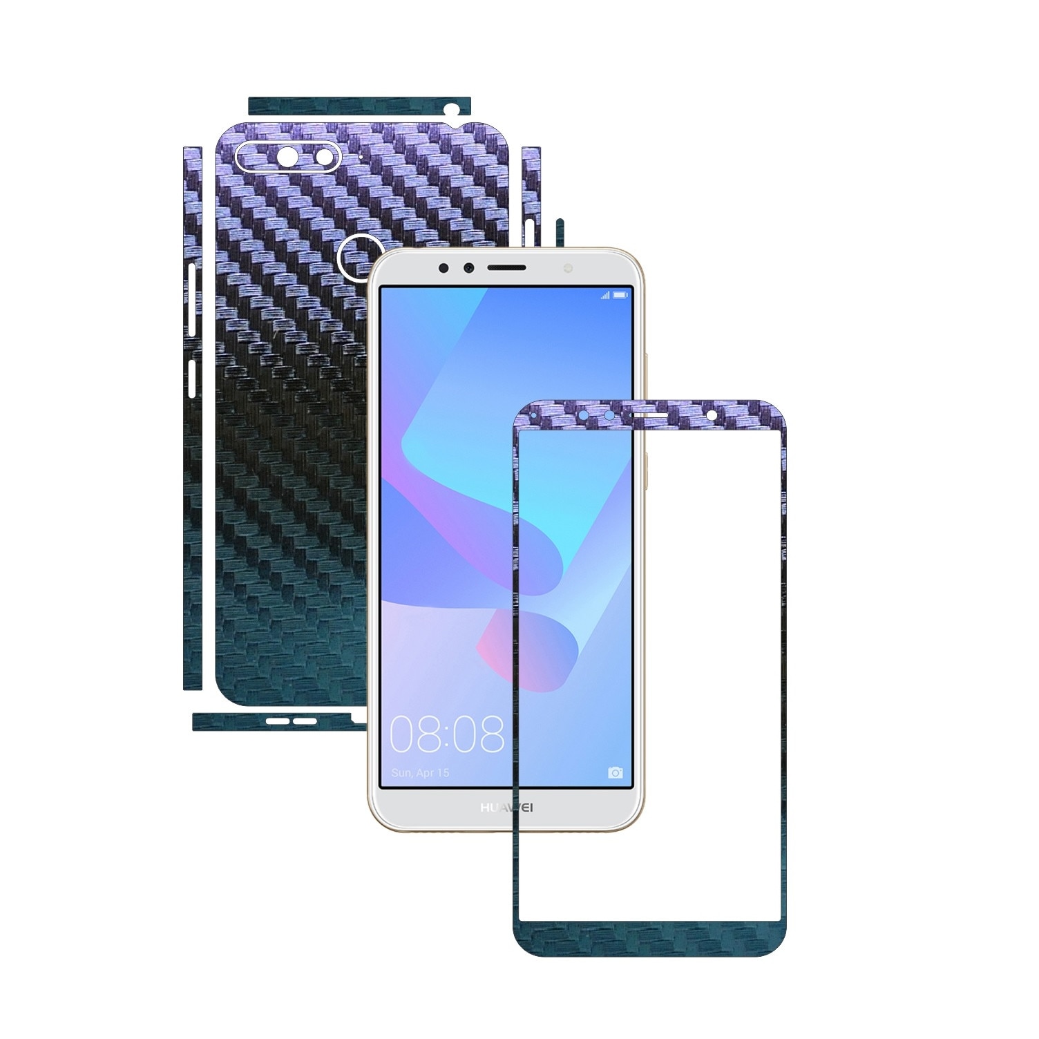 Folie Protectie Carbon Skinz pentru Huawei Y6 Prime (2018) - Carbon Cameleon Split Cut, Skin Adeziv Full Body Cover pentru Rama Ecran, Carcasa Spate si Laterale