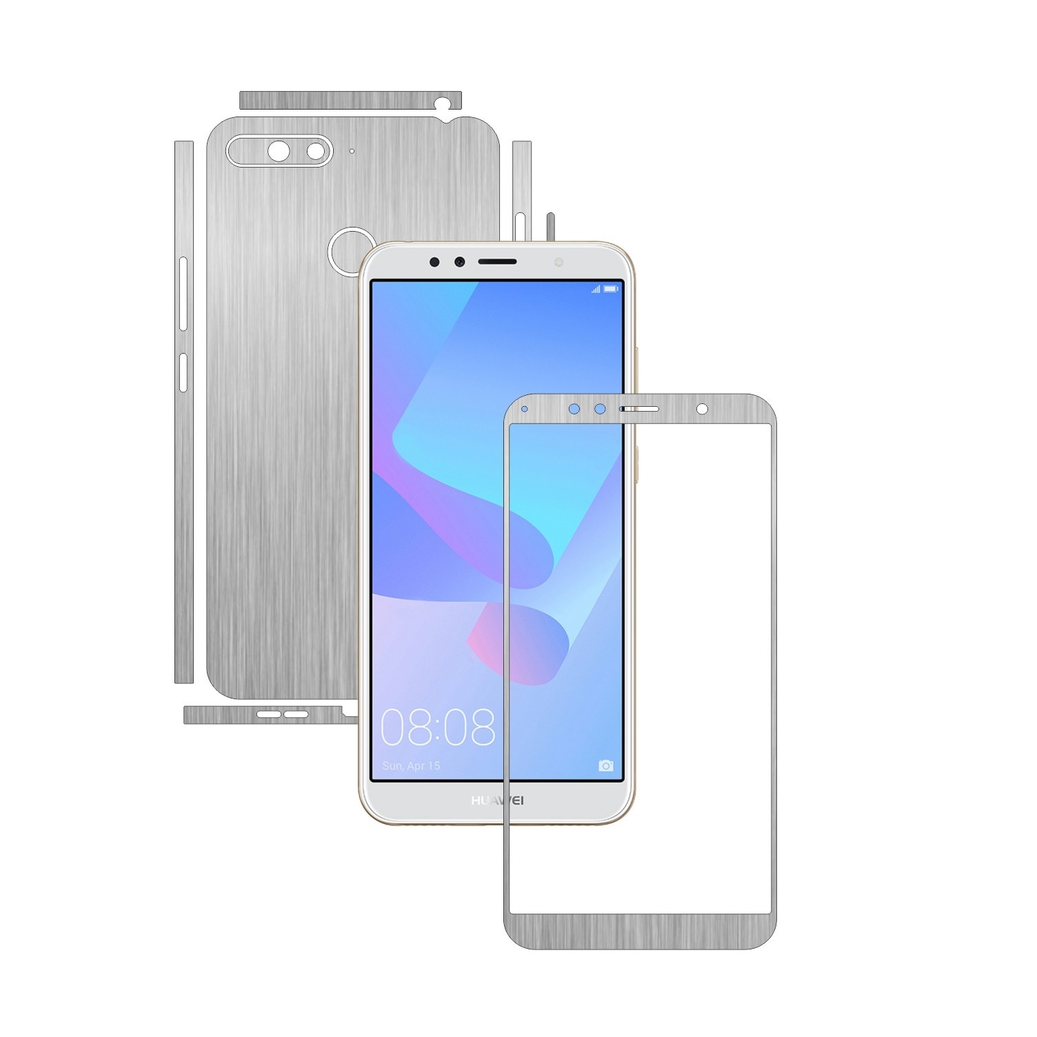 Folie Protectie Carbon Skinz pentru Huawei Y6 Prime (2018) - Brushed Argintiu Split Cut, Skin Adeziv Full Body Cover pentru Rama Ecran, Carcasa Spate si Laterale