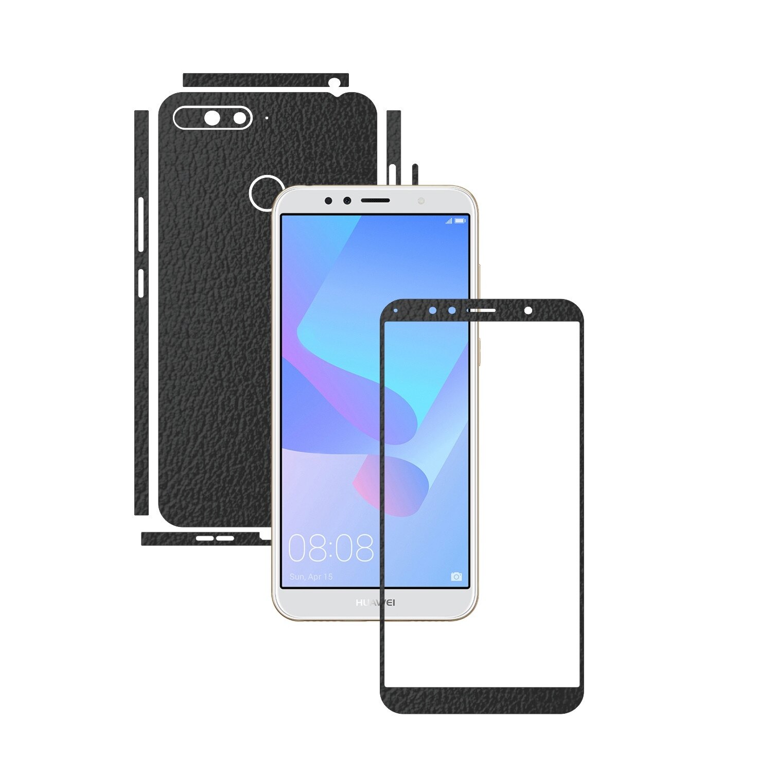 Folie Protectie Carbon Skinz pentru Huawei Y6 Prime (2018) - Piele Neagra Split Cut, Skin Adeziv Full Body Cover pentru Rama Ecran, Carcasa Spate si Laterale