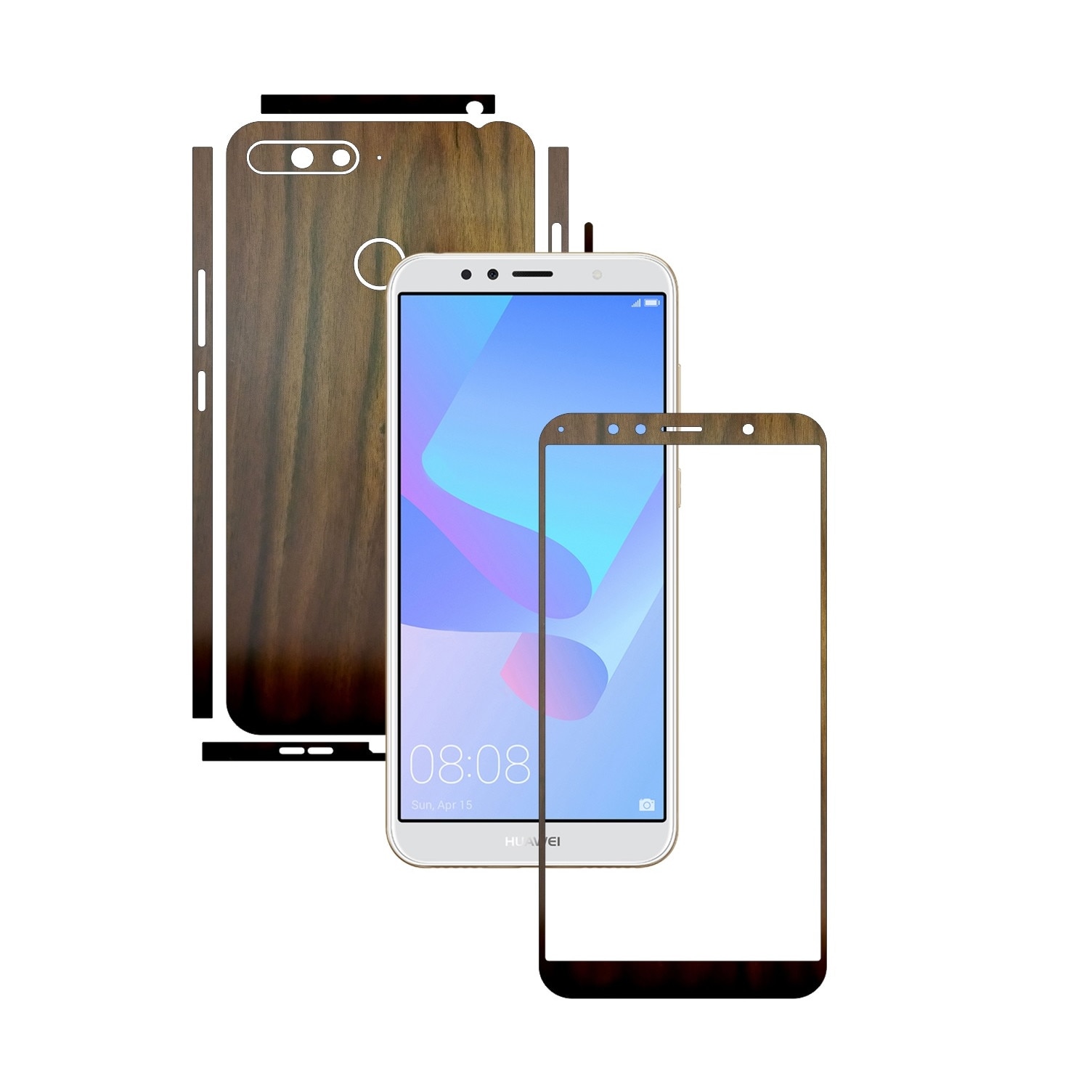 Folie Protectie Carbon Skinz pentru Huawei Y6 Prime (2018) - Lemn Nuc Split Cut, Skin Adeziv Full Body Cover pentru Rama Ecran, Carcasa Spate si Laterale