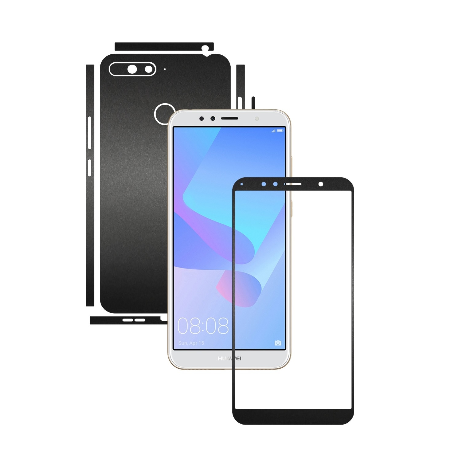 Folie Protectie Carbon Skinz pentru Huawei Y6 Prime (2018) - Negru Mat Split Cut, Skin Adeziv Full Body Cover pentru Rama Ecran, Carcasa Spate si Laterale