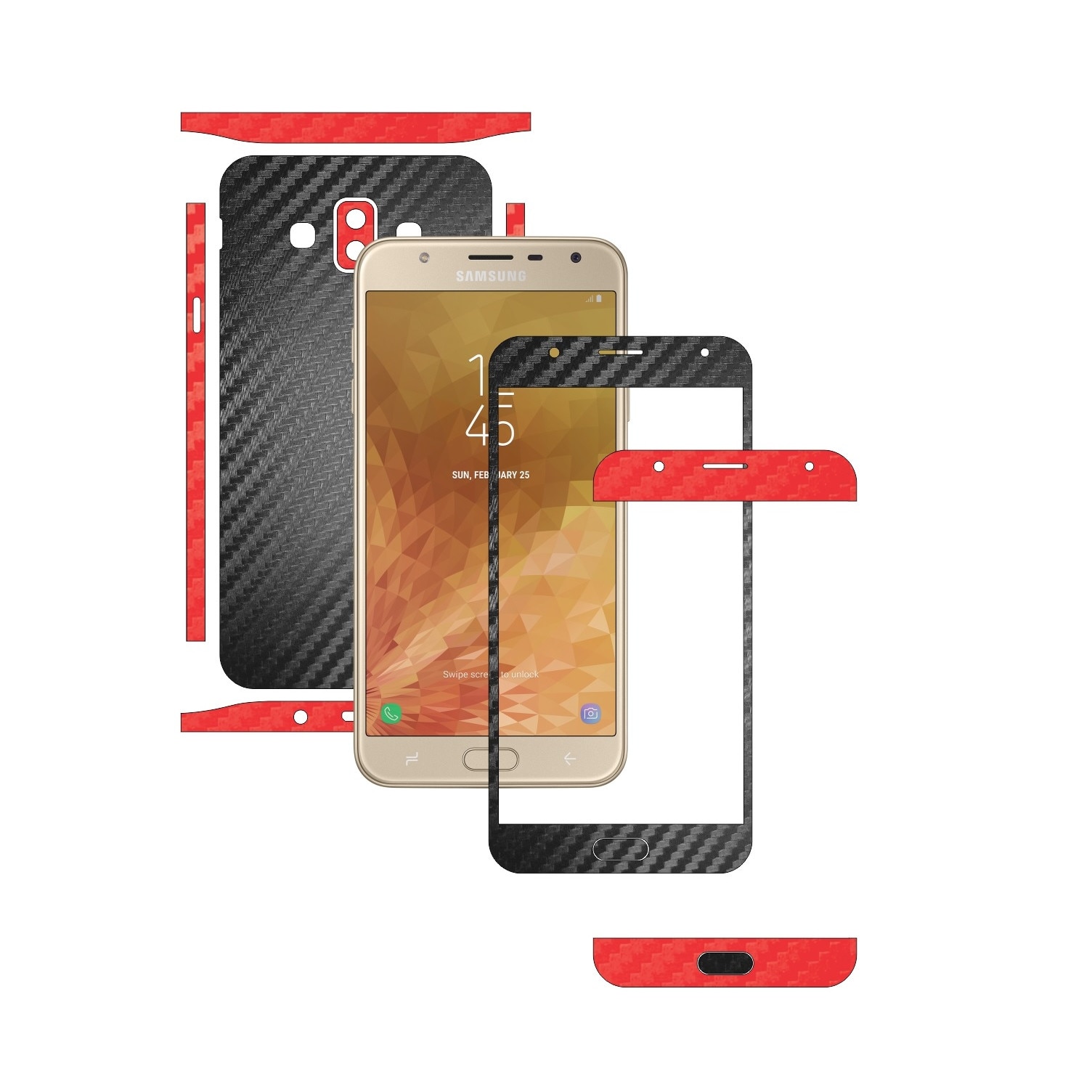 Folie Protectie Carbon Skinz pentru Samsung Galaxy J7 Duo - Carbon Two Tone Negru / Rosu, Skin Adeziv Full Body Cover pentru Rama Ecran, Carcasa Spate si Laterale