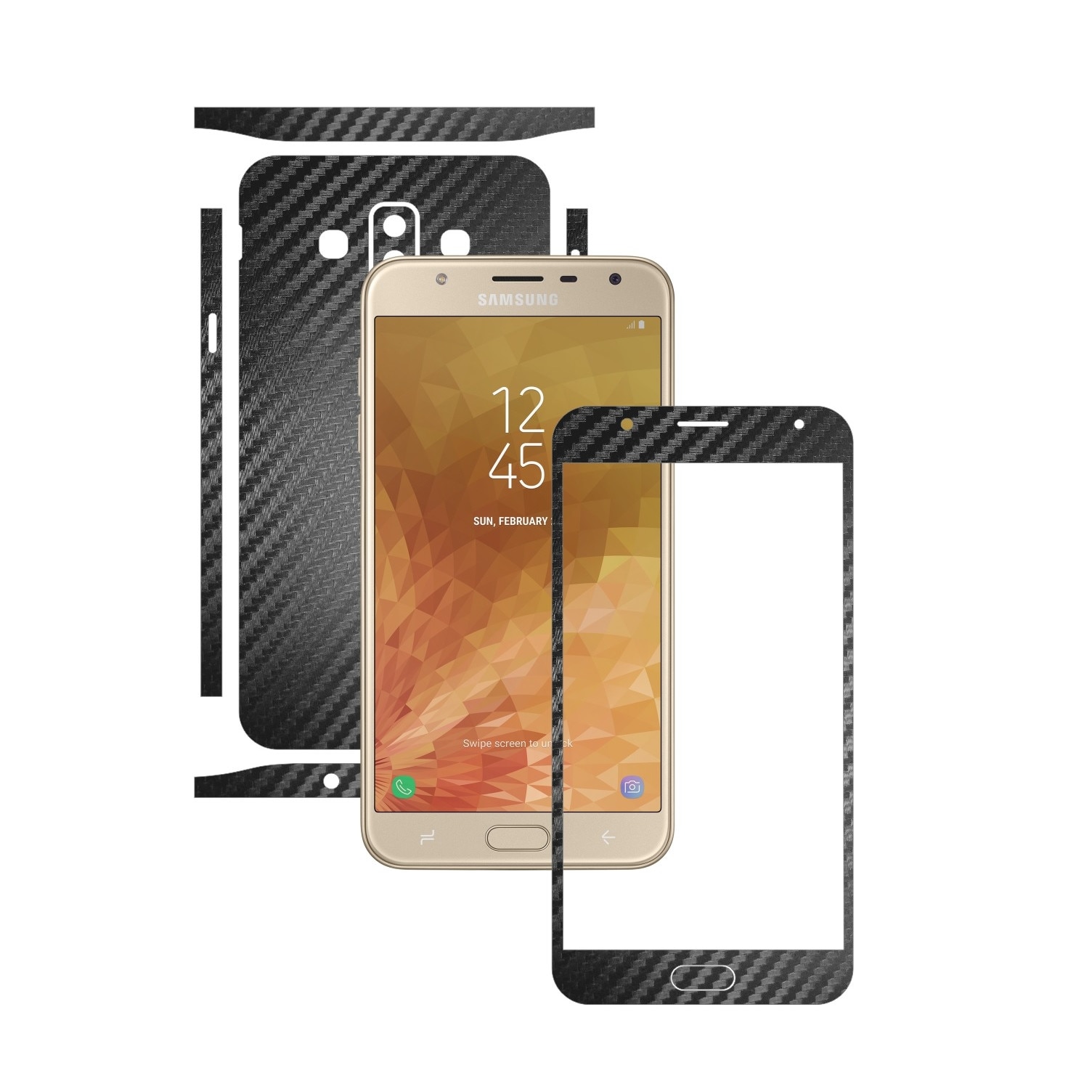 Folie Protectie Carbon Skinz pentru Samsung Galaxy J7 Duo - Carbon Negru Split Cut, Skin Adeziv Full Body Cover pentru Rama Ecran, Carcasa Spate si Laterale