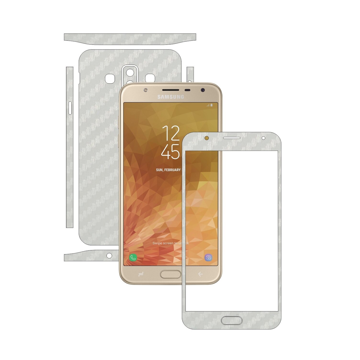 Folie Protectie Carbon Skinz pentru Samsung Galaxy J7 Duo - Carbon Alb Split Cut, Skin Adeziv Full Body Cover pentru Rama Ecran, Carcasa Spate si Laterale