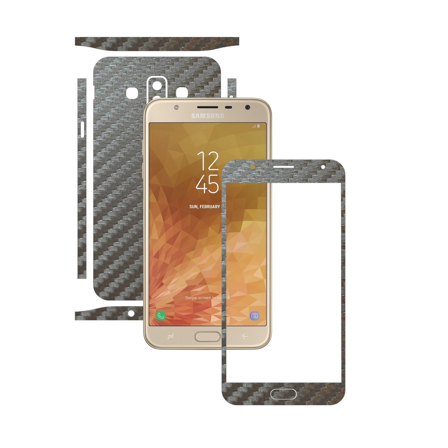 Folie Protectie Carbon Skinz pentru Samsung Galaxy J7 Duo - Carbon Gri Argintiu Split Cut, Skin Adeziv Full Body Cover pentru Rama Ecran, Carcasa Spate si Laterale