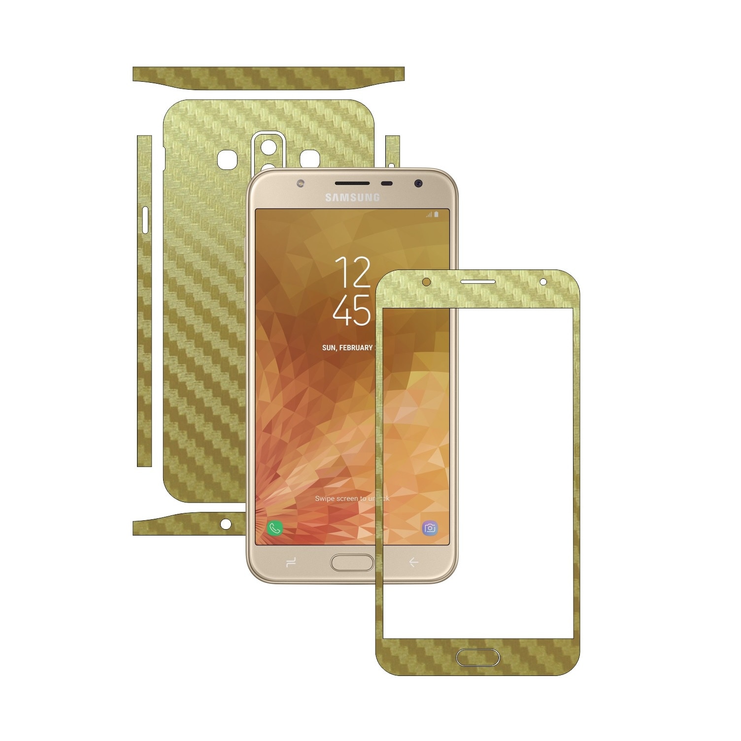 Folie Protectie Carbon Skinz pentru Samsung Galaxy J7 Duo - Carbon Auriu Split Cut, Skin Adeziv Full Body Cover pentru Rama Ecran, Carcasa Spate si Laterale