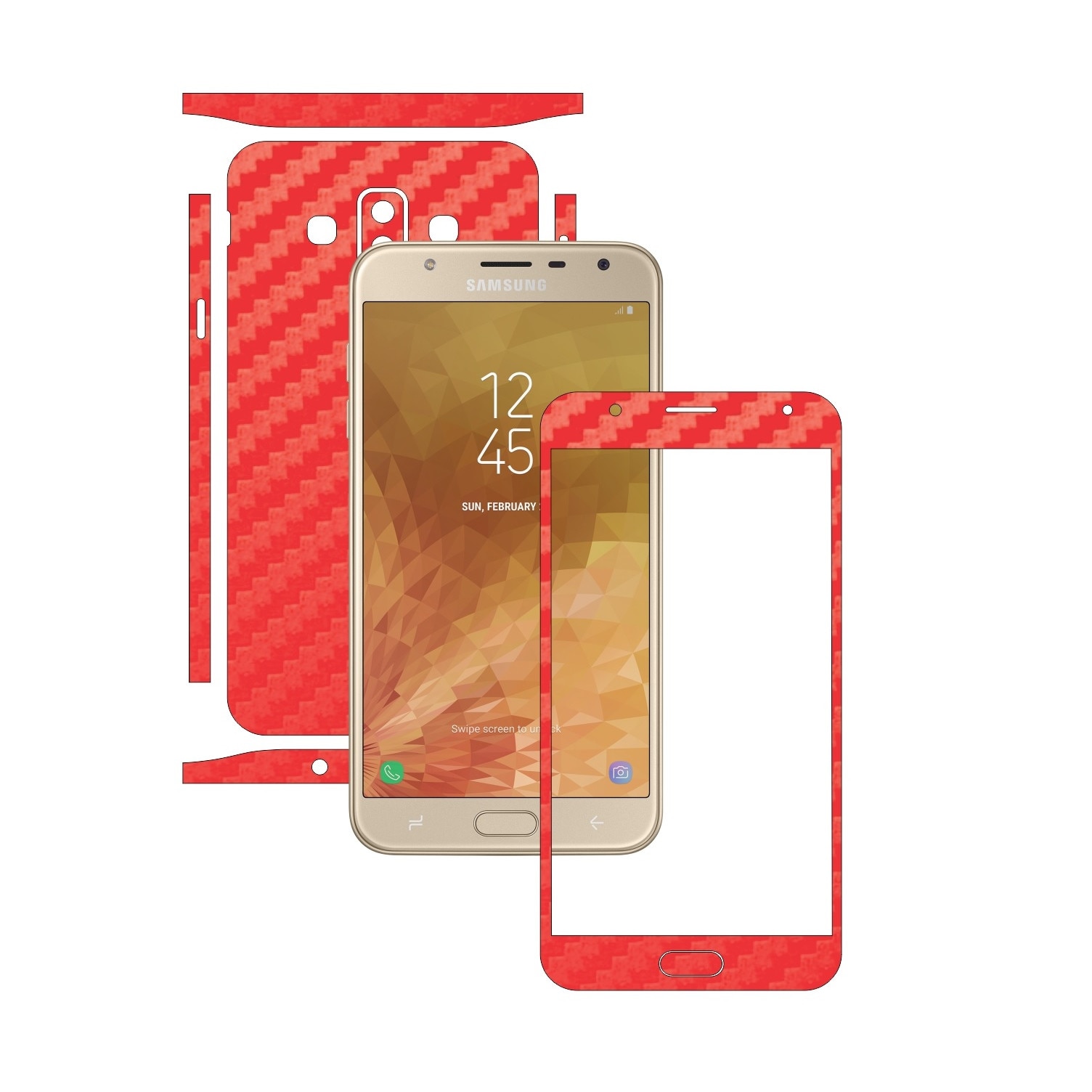 Folie Protectie Carbon Skinz pentru Samsung Galaxy J7 Duo - Carbon Rosu Split Cut, Skin Adeziv Full Body Cover pentru Rama Ecran, Carcasa Spate si Laterale