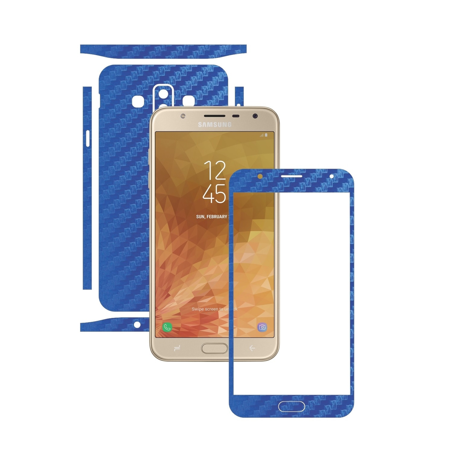 Folie Protectie Carbon Skinz pentru Samsung Galaxy J7 Duo - Carbon Albastru Split Cut, Skin Adeziv Full Body Cover pentru Rama Ecran, Carcasa Spate si Laterale
