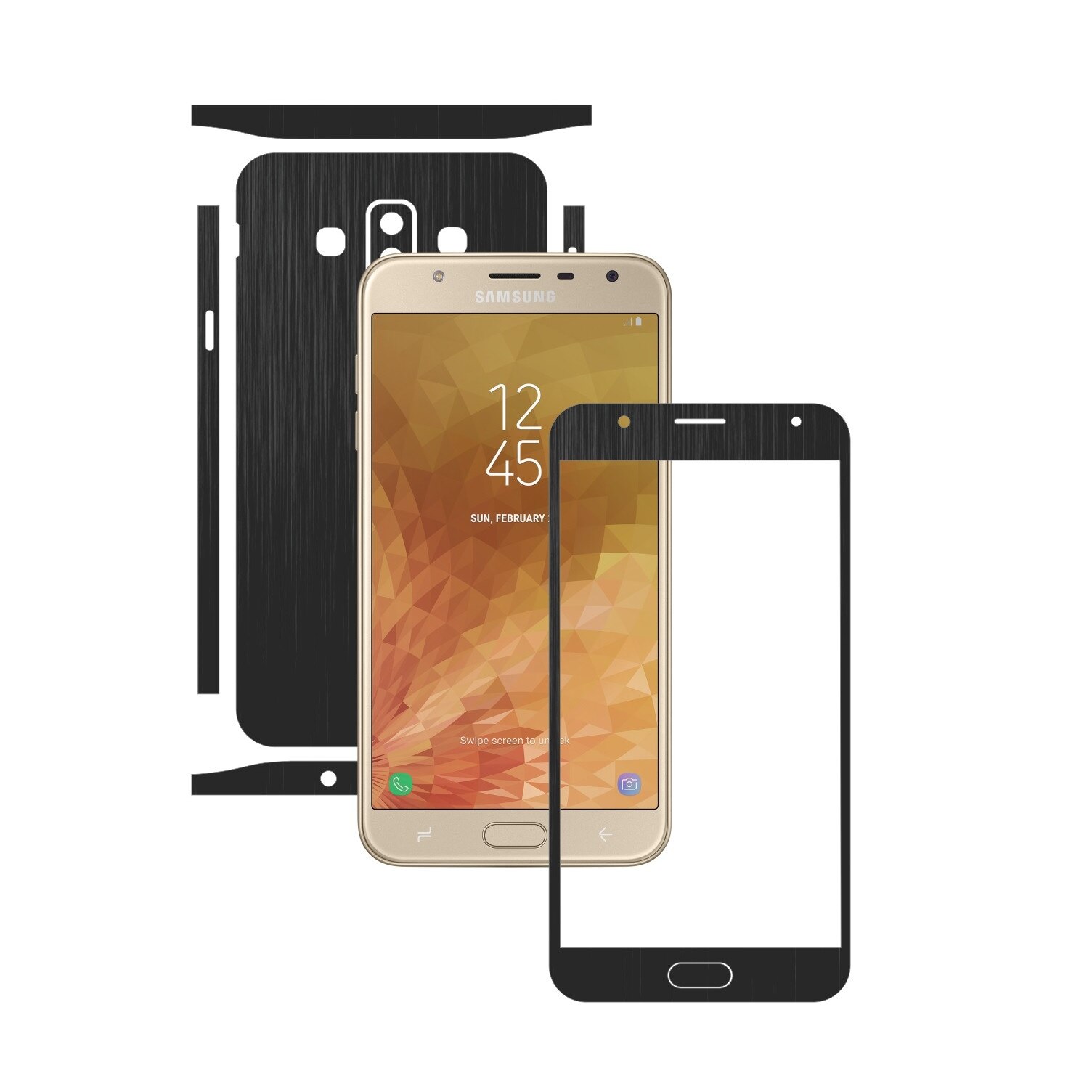 Folie Protectie Carbon Skinz pentru Samsung Galaxy J7 Duo - Brushed Negru Split Cut, Skin Adeziv Full Body Cover pentru Rama Ecran, Carcasa Spate si Laterale