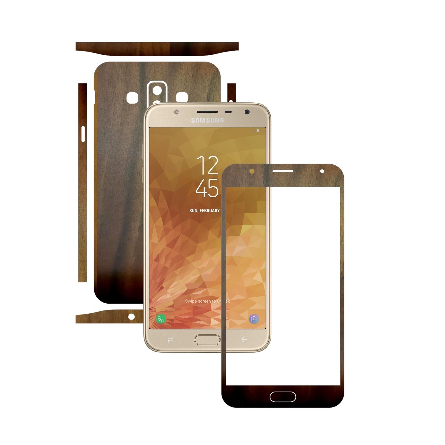 Folie Protectie Carbon Skinz pentru Samsung Galaxy J7 Duo - Lemn Nuc Split Cut, Skin Adeziv Full Body Cover pentru Rama Ecran, Carcasa Spate si Laterale