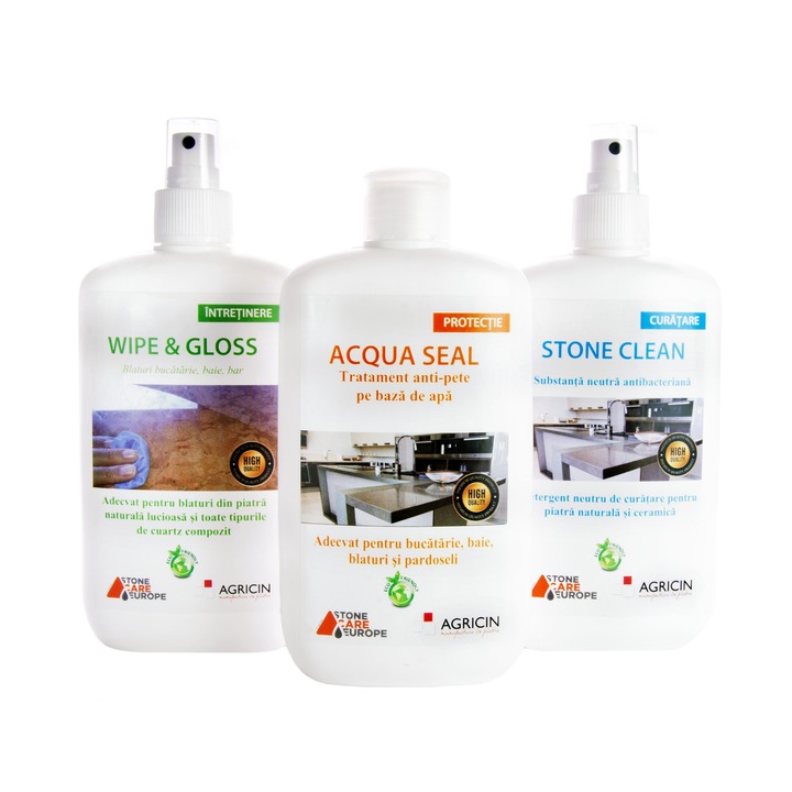 Kit detergenti, intretinere si curatare, pentru piatra naturala, Agricin: Detergent neutru antibacterian, Detergent lustruire, Manusi cauciuc, Laveta reutilizabila, Burete abraziv si Solutie tratare anti-pete