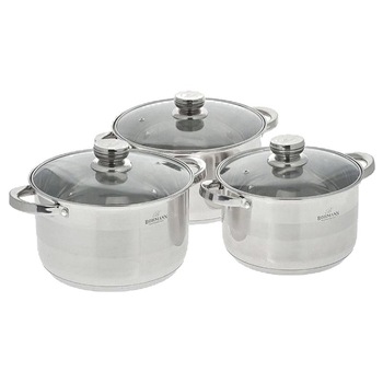 Set 3 oale Bohmann din otel inoxidabil de 7.7l,6.6l,5.1l cu capace din sticla si manere din inox Set 3 oale Bohmann din otel inoxidabil de 7.7l,6.6l,5.1l cu capace din sticla si manere din inox