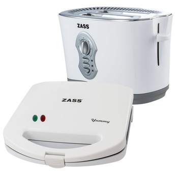 Pachet prajitor de paine Zass ZST 05, 800W, 2 felii, Tavita frimituri cu Sandwich-maker Zass ZSM 01, 750W, Alb Pachet prajitor de paine Zass ZST 05, 800W, 2 felii, Tavita frimituri cu Sandwich-maker Zass ZSM 01, 750W, Alb