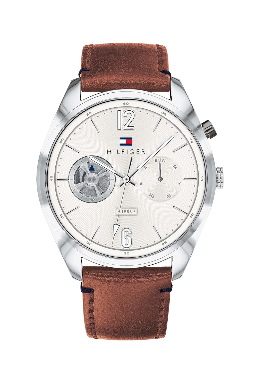 Tommy Hilfiger, Ceas cu o curea de piele, Maro coniac/Argintiu/Alb