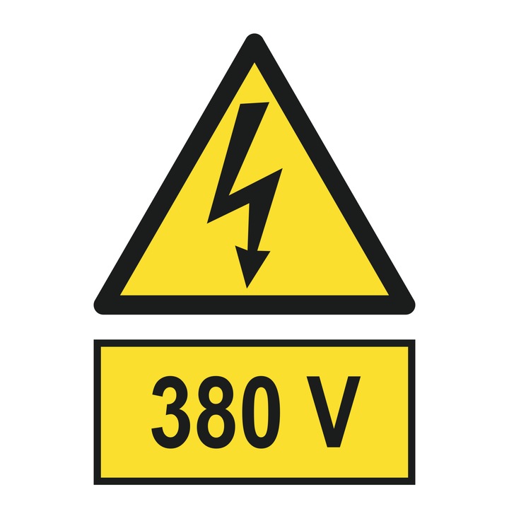 Indicator avertizare, "380 V", creative pixel, 15x20cm, forex 1mm, galben/negru, print uv