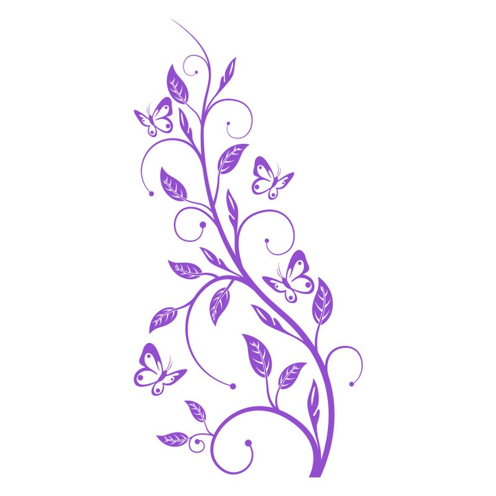 Sticker Decorativ - SMAER - Creanga cu frunze si fluturi - 90cm x 45cm - Violet