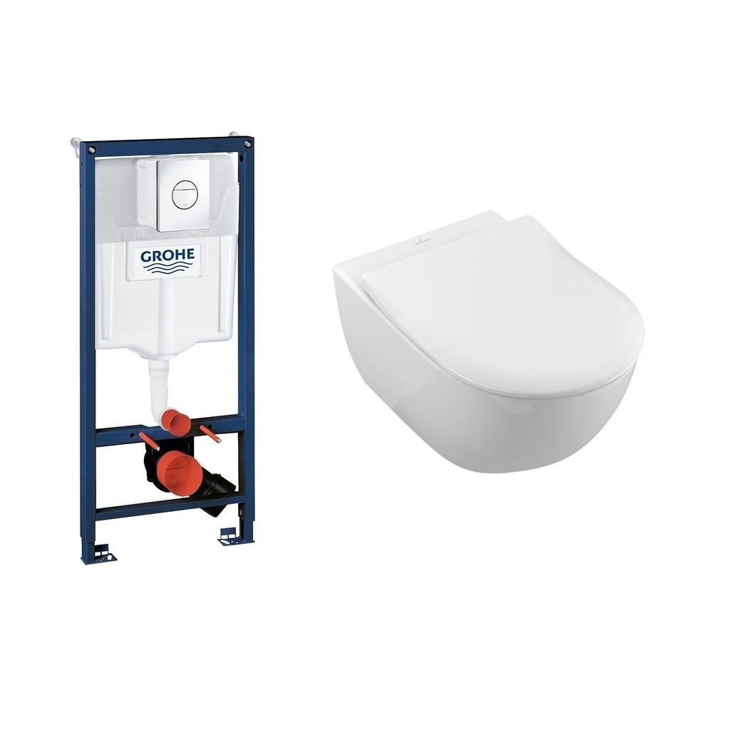 Set complet vas wc suspendat Villeroy&Boch Subway 2.0 DirectFlush cu rezervor incastrat Grohe Rapid SL si clapeta Nova Cosmo crom