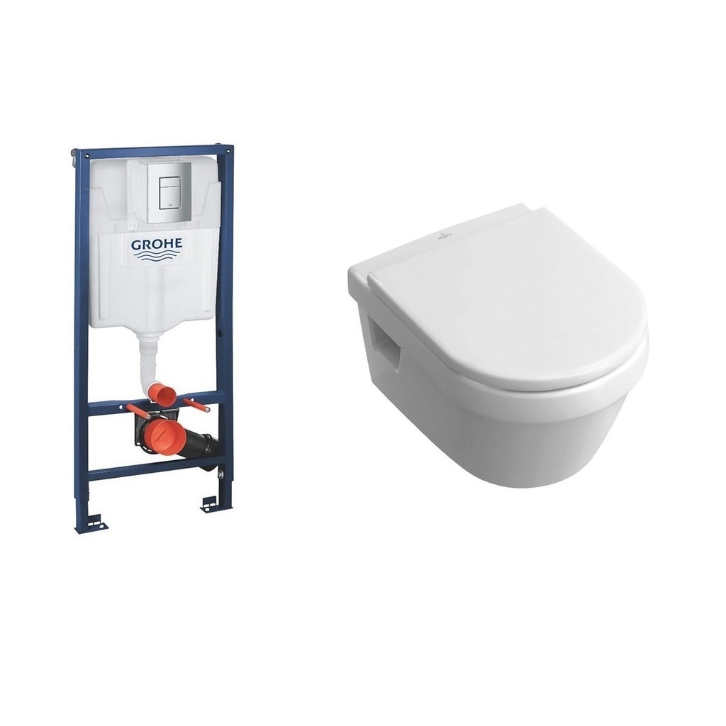 Set complet vas wc suspendat Villeroy&Boch Architectura DirectFlush cu rezervor incastrat Grohe Rapid SL si clapeta Skate Cosmo crom