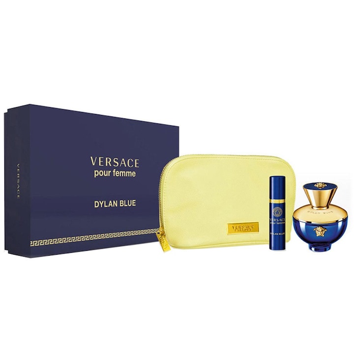 Versace Dylan Blue ajándék készlet, nőknek, 100 ml parfüm, 10 ml parfüm, táska