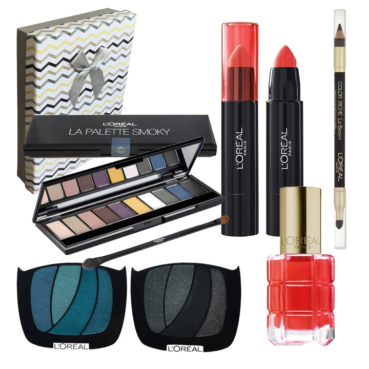 Set L'Oreal Paris 6 piese: Paleta fard pleoape La Palette Smoky + Creion ochi Color Riche Le Smoky negru intens + Balsam buze Sexy Balm Sheer 103 + Oja Color Riche 442 Coral Trianon + 2 rezerve fard ochi full size,7g