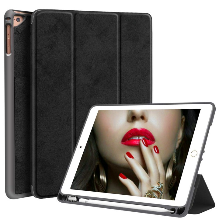 Husa Tableta Smart Cover Apple Ipad 6th Gen 9,7Inch, Suport Pen Ipad 1893, 1954 9.7Inch Protejeaza 360 Deluxe Stofa Black