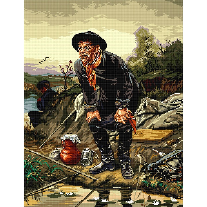 Goblen Pescarul , Hudemas , kit goblen imprimat pe panza , cu fire mouline
