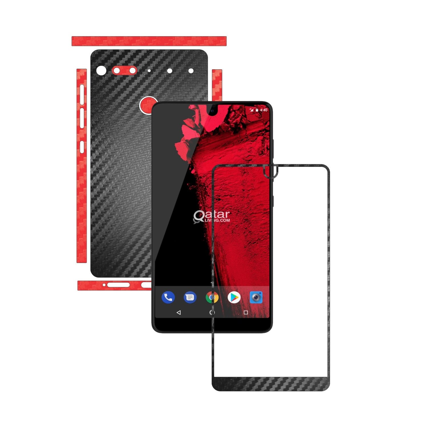 Folie Protectie Carbon Skinz pentru Essential Phone PH-1 - Carbon Two Tone Negru / Rosu, Skin Adeziv Full Body Cover pentru Rama Ecran, Carcasa Spate si Laterale