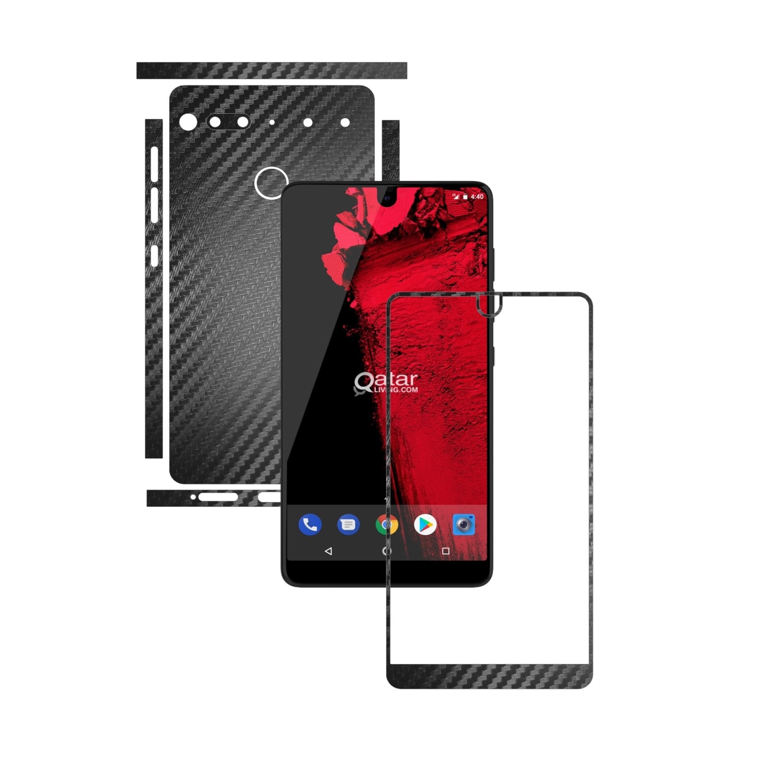 Folie Protectie Carbon Skinz pentru Essential Phone PH-1 - Carbon Negru Split Cut, Skin Adeziv Full Body Cover pentru Rama Ecran, Carcasa Spate si Laterale
