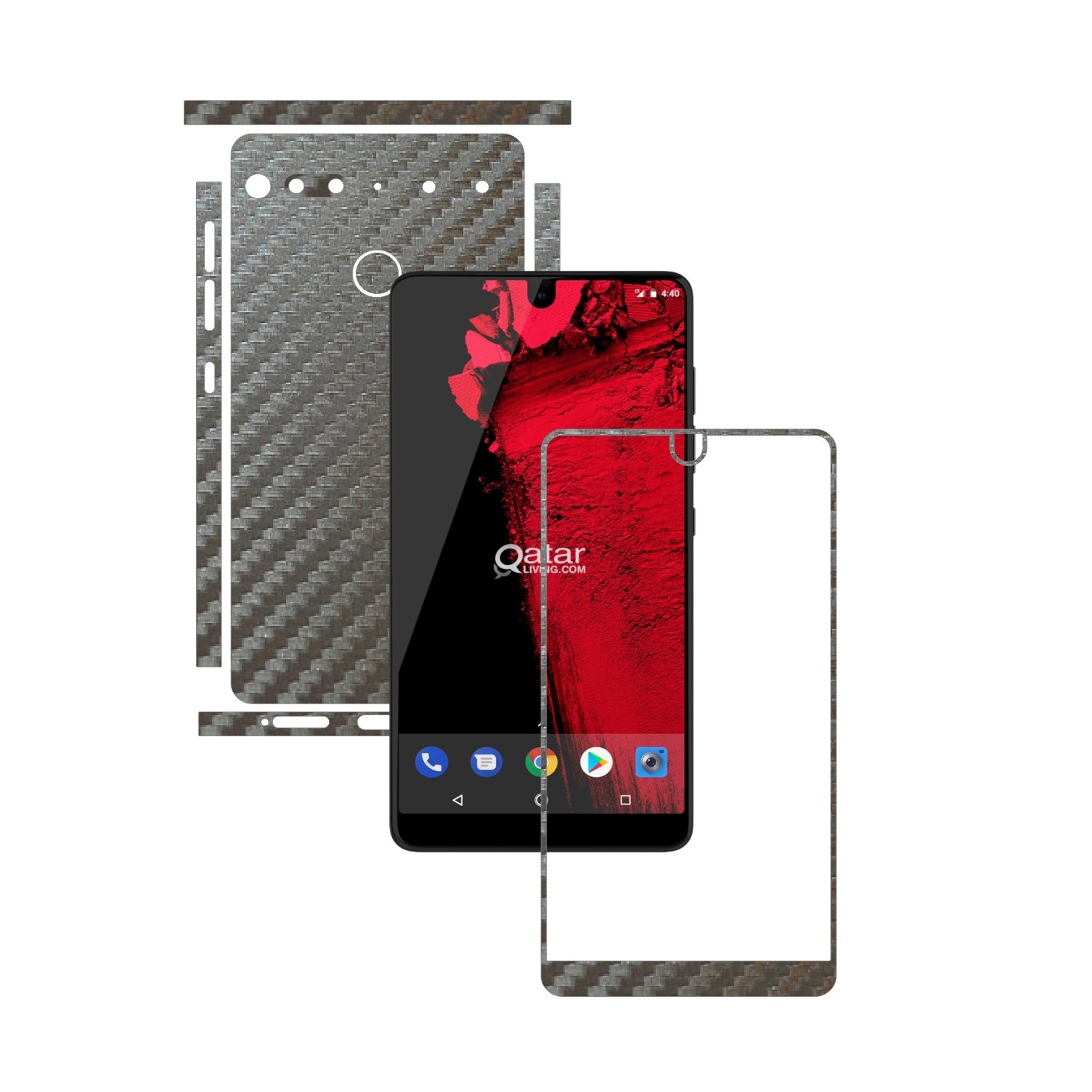 Folie Protectie Carbon Skinz pentru Essential Phone PH-1 - Carbon Gri Argintiu Split Cut, Skin Adeziv Full Body Cover pentru Rama Ecran, Carcasa Spate si Laterale