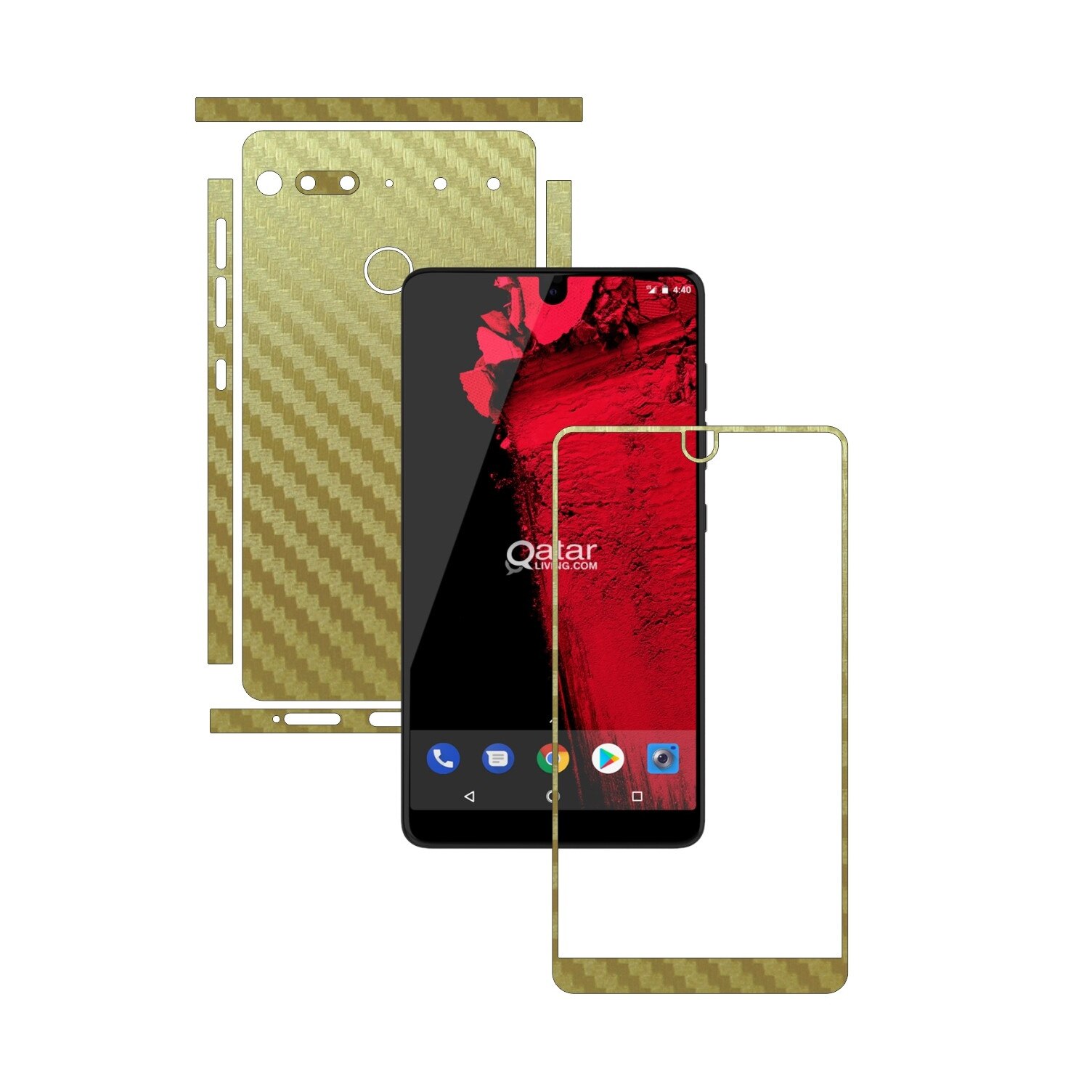 Folie Protectie Carbon Skinz pentru Essential Phone PH-1 - Carbon Auriu Split Cut, Skin Adeziv Full Body Cover pentru Rama Ecran, Carcasa Spate si Laterale