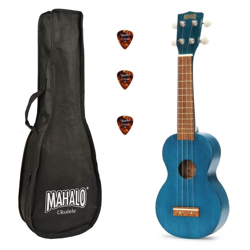 Set ukulele sopran Mahalo Kahiko MK1/TBU albastru transparent 52cm pene