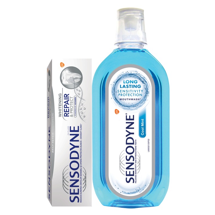 Комплект Sensodyne: Паста за зъби Repair and Protect Whitening, 75 мл + Вода за уста Cool Mint, 500 мл