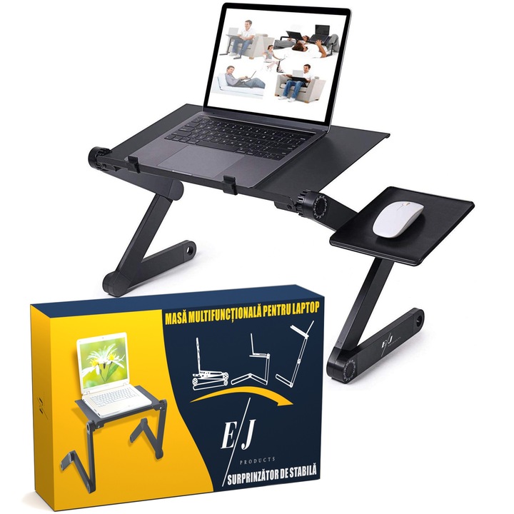 Masuta laptop regabila inaltime din aluminiu, masa cu sistem dublu ventilatie tip coller USB, suport reglabil mouse, Standing desk multifunctional, Laptop stand 42 x 26 cm, Negru, Marca Ej-Products