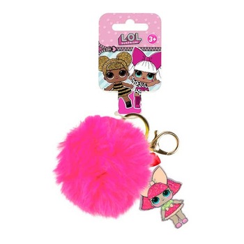 Breloc LOL Surprise cu logo papusa LOL si puf colorat pentru ghiozdane sau chei, Fucsia Breloc LOL Surprise cu logo papusa LOL si puf colorat pentru ghiozdane sau chei, Fucsia