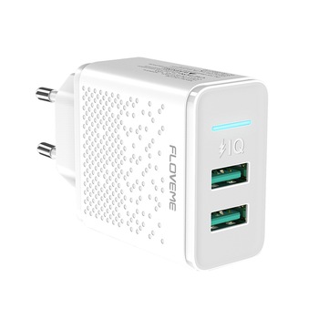 Incarcator retea FLOVEME, telefon, tableta, gopro, baterie externa, 2 porturi USB Fast Charging 2.4A Auto Detect, alb Incarcator retea FLOVEME, telefon, tableta, gopro, baterie externa, 2 porturi USB Fast Charging 2.4A Auto Detect, alb