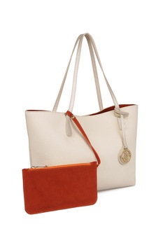 Beverly Hills Polo Club, Geanta shopper de piele ecologica cu etui interior de piele intoarsa, Crem/Oranj Beverly Hills Polo Club, Geanta shopper de piele ecologica cu etui interior de piele intoarsa, Crem/Oranj