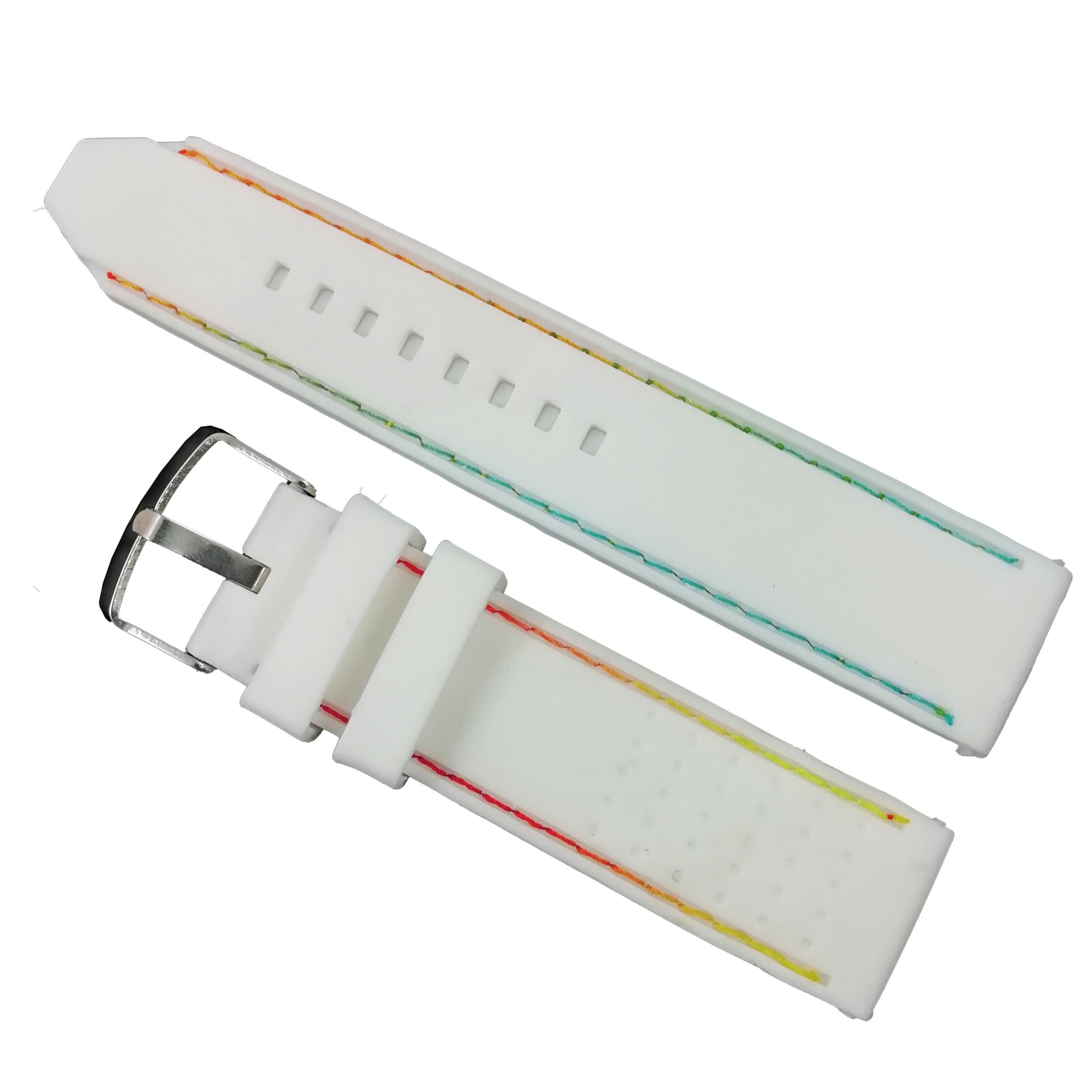 Curea ceas silicon alba, cusatura multicolora - 22 milimetri