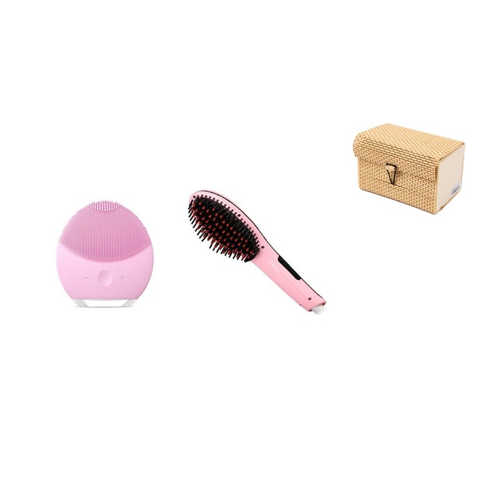 Pachet Perie ceramica electrica pentru indreptat parul + Dispozitiv de curatare faciala , 5 viteze + Cutie bambus bijuterii cadou