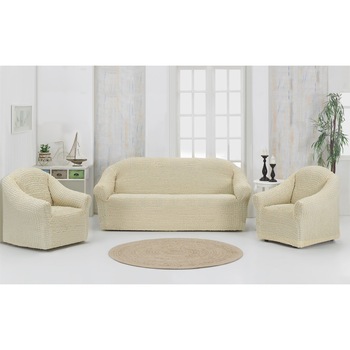 Huse universale set canapea 3 locuri si 2 fotolii elastice si creponate Fara Volane culoare crem natur 311 Huse universale set canapea 3 locuri si 2 fotolii elastice si creponate Fara Volane culoare crem natur 311